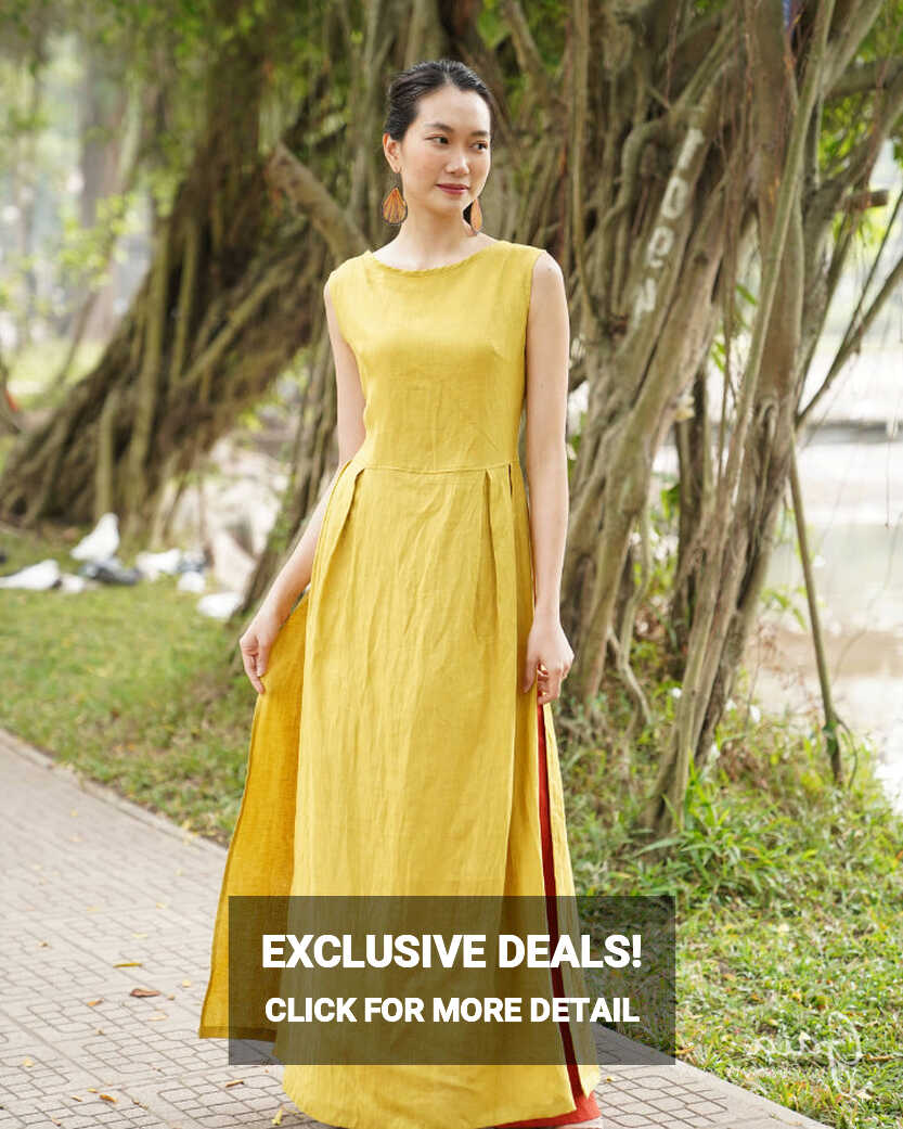 Linen sleeveless Vietnam woman traditional dress Dieu Huong ...