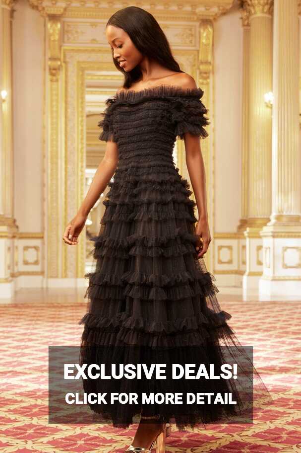 Lisette Ruffle Off Shoulder Gown – Black | Needle &amp; Thread