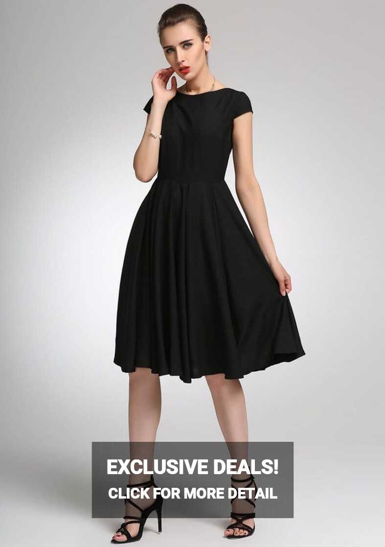 Little Black Dress, Knee Length Swing Dress, Cap Sleeve Modest ...