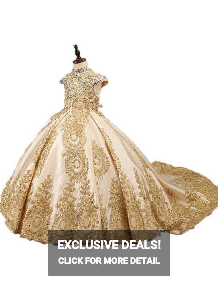 Little Girls Formal Gowns | Gold Sequin Satin Lace Beaded Ball ...