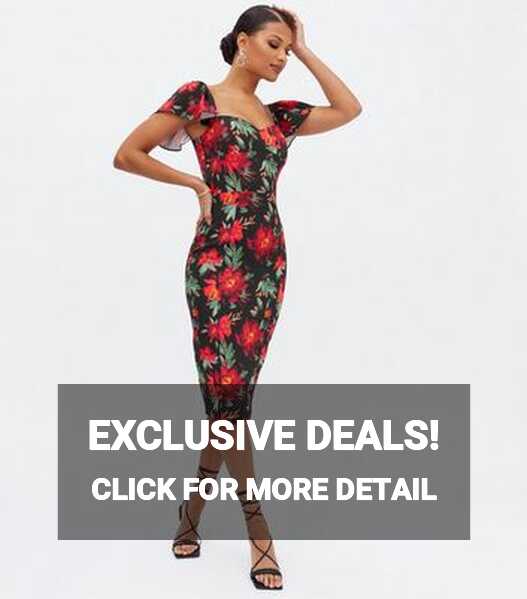 Little Mistress Black Floral Sweetheart Midi Bodycon Dress | New Look