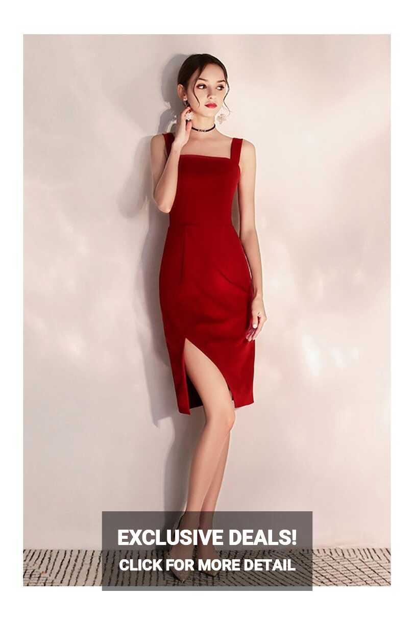 Little Red Short Party Dress Bodycon Fitted With Slit - $64.98 ...