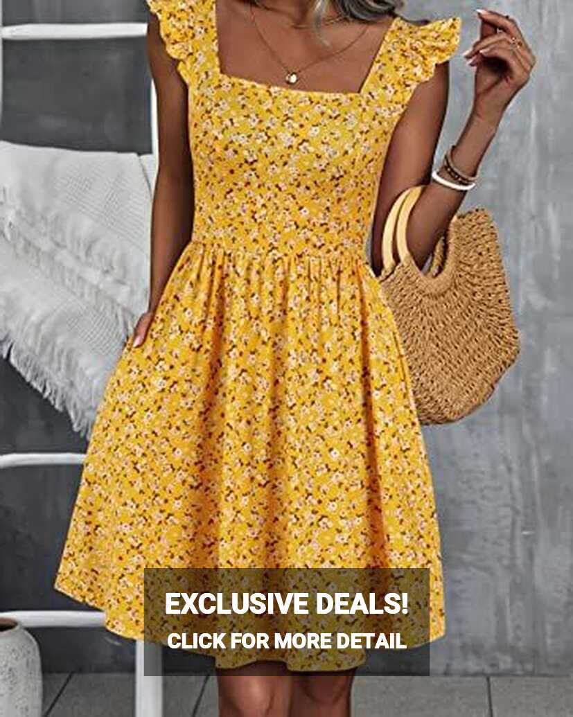 Loemes Summer Casual Cute Floral Flowy Square Neck Sundressses ...