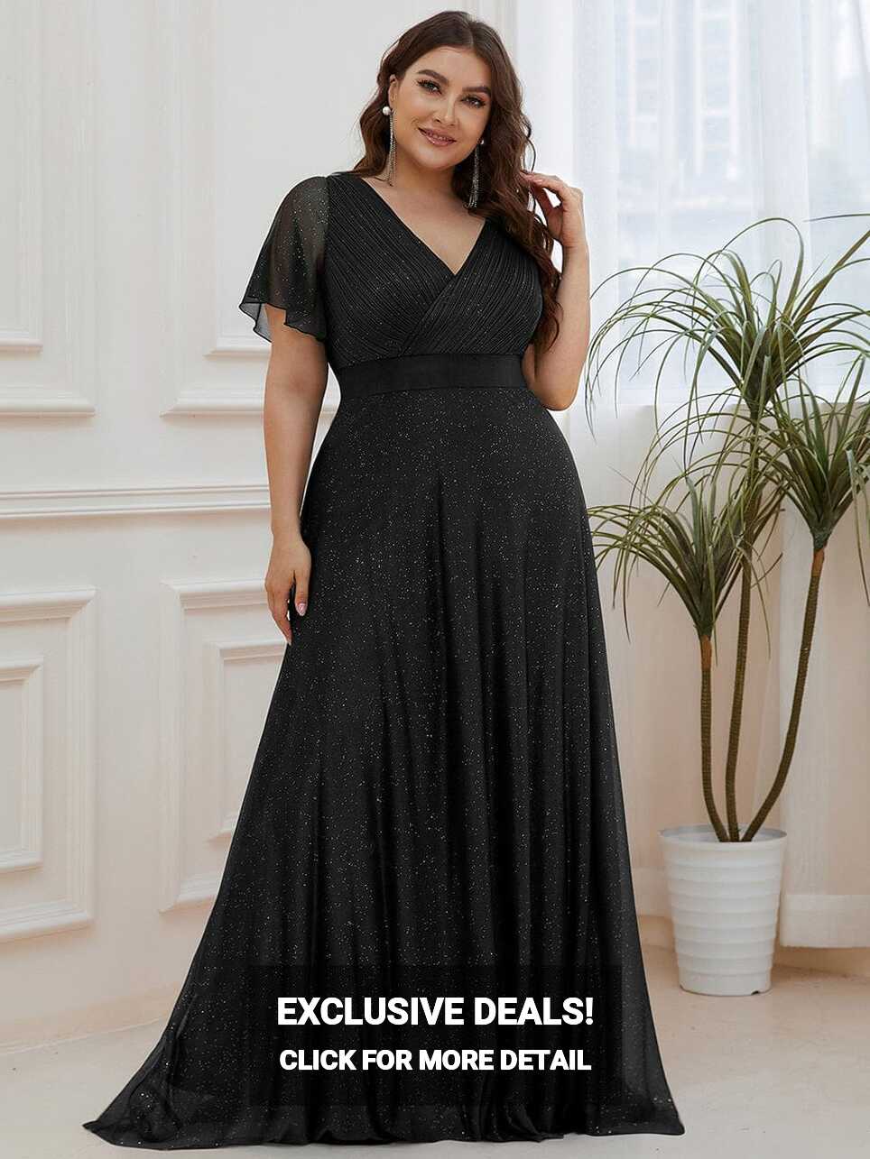 Lois flutter sleeve v neck glittering formal dress in black s22 Expres