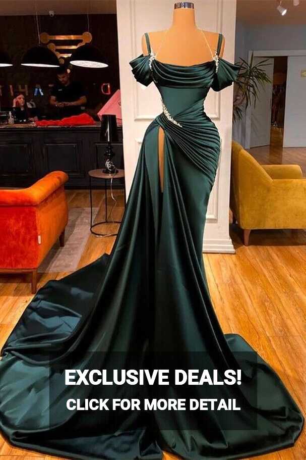 Long, off shoulder emerald green prom dress with tail, size 6 ...