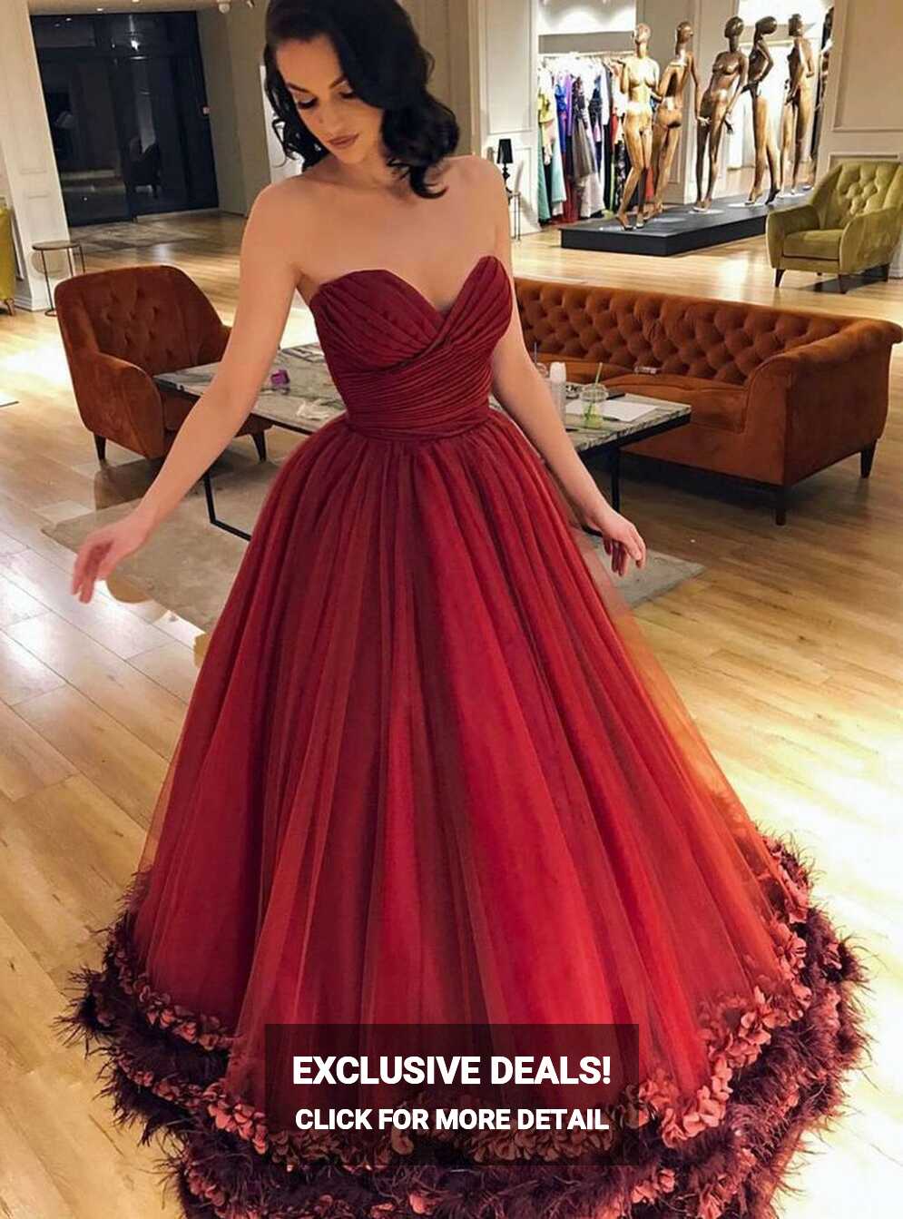 Long A-Line Backless Red Prom Ball Gown, Sweet Heart Tulle ...