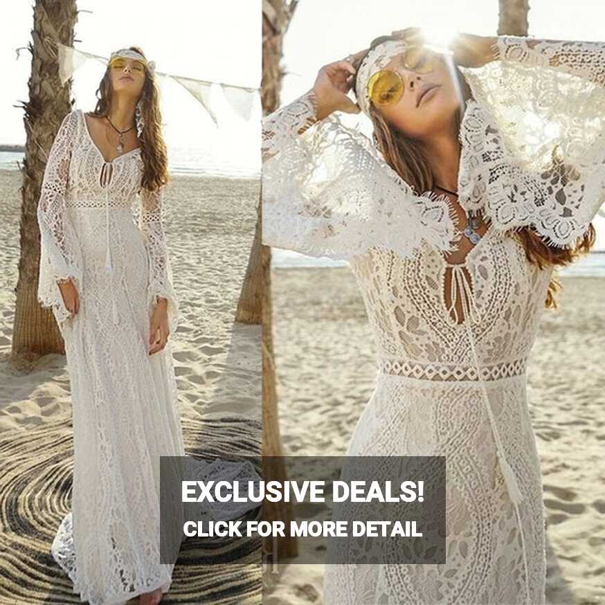 Long Bell Sleeves Gypsy Bohemian Lace Wedding Dresses V Neck Beach ...