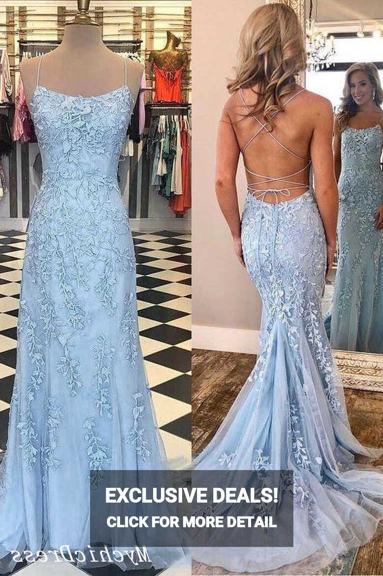 Long Blue Lace Prom Dresses 2024 Mermaid Cross Back Evening Gown ...