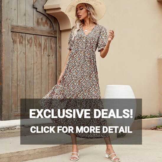 Long Dresses Women Elegant Floral Printed Dress Short Sleeves Thin ...