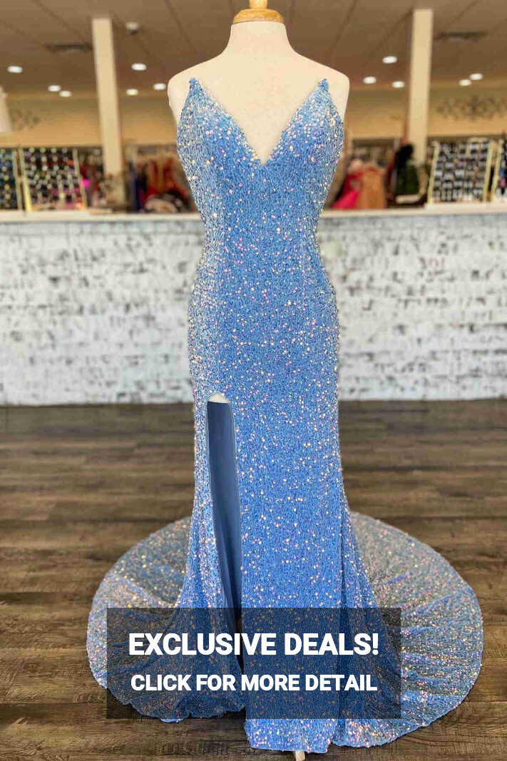 Long Light Blue V-Neck Iridescent Prom Dresses 2024 Sequins Cheap ...