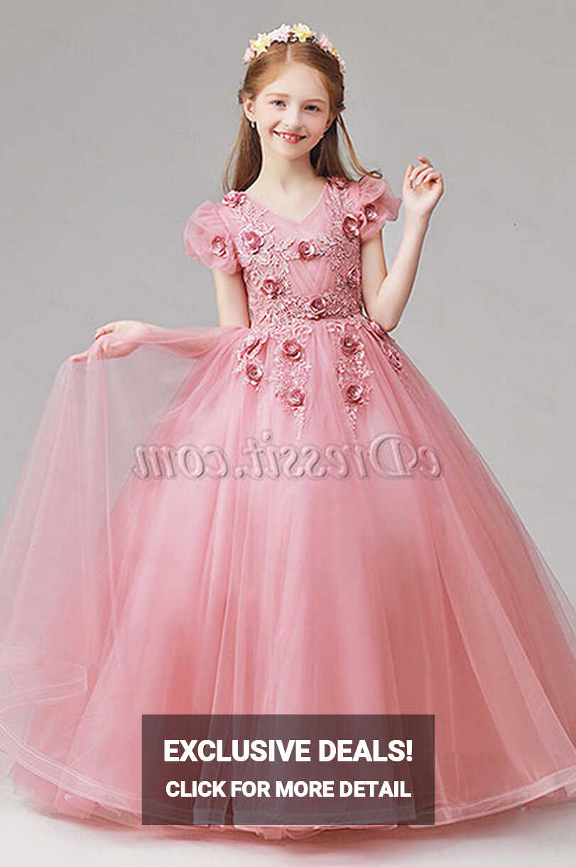 Long Lovely Pink Flower Girl Dress (27190946) - eDressit