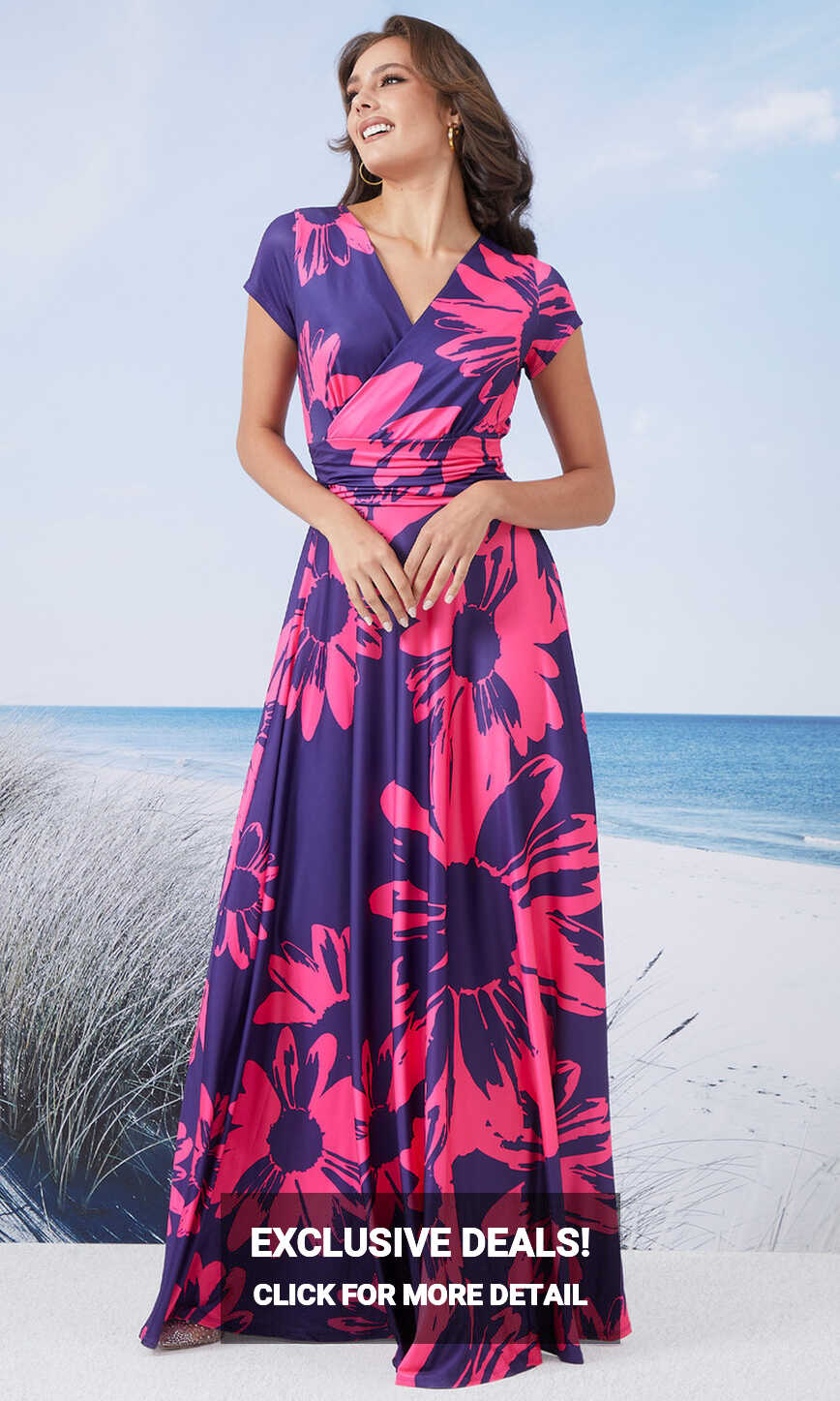 Long Modest Print Short Cap Sleeve Summer Maxi Dress Gown ...