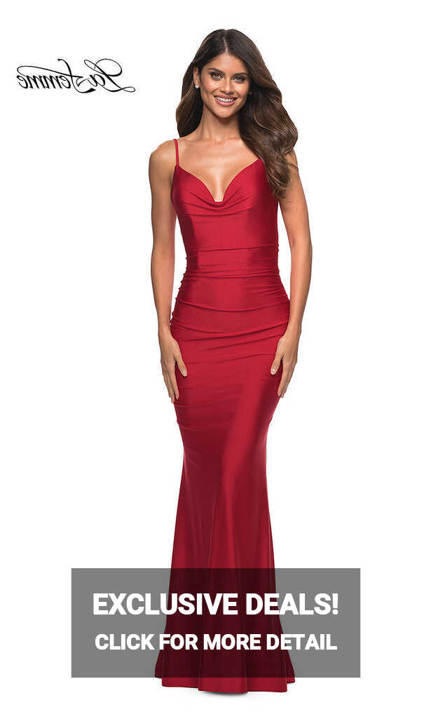 Long Red La Femme Prom Dress with Deep V-Back