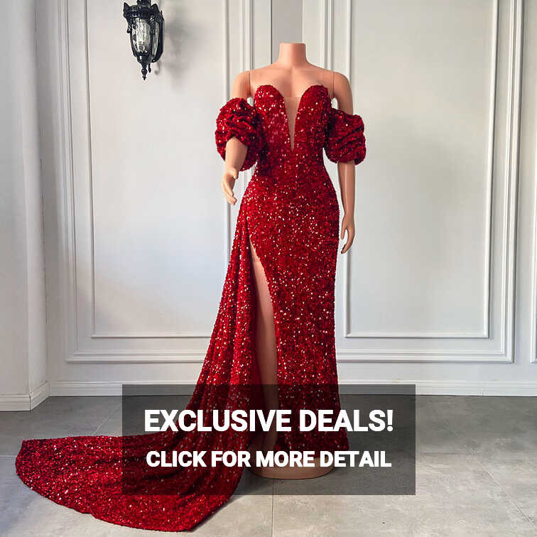 Long Red Prom Dresses 2023 Off The Shoulder Sexy High Slit ...