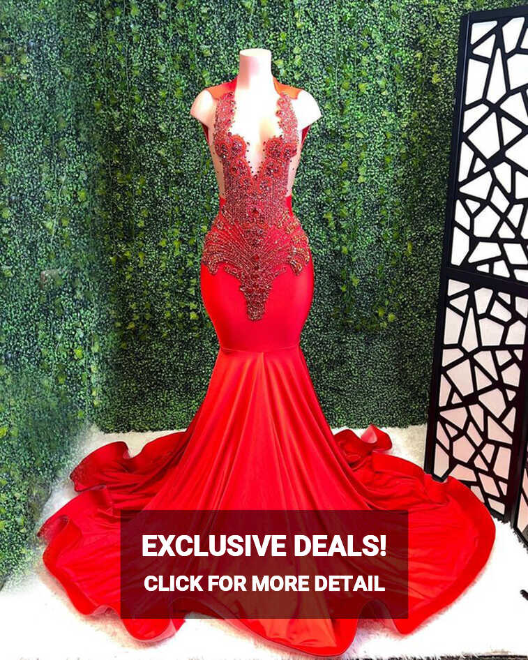 Long Red Prom Dresses 2023 Sexy Mermaid Style Sheer O-neck Luxury ...