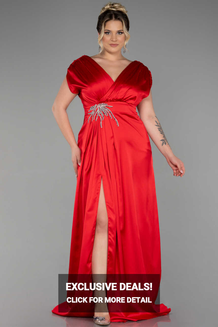 Long Red Satin Plus Size Engagement Dress ABU3433 | Abiyefon.com