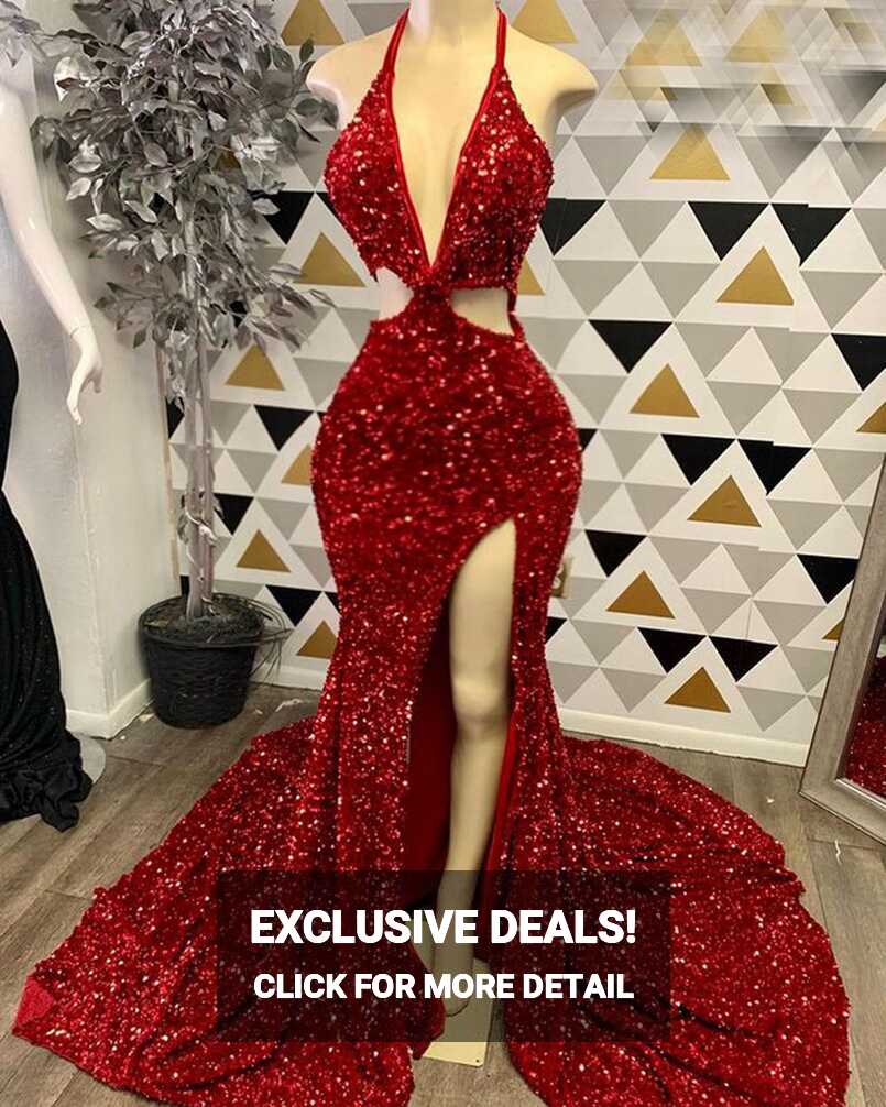 Long Sexy Prom Dresses 2022 Mermaid High Slit Halter Sparkly Red ...