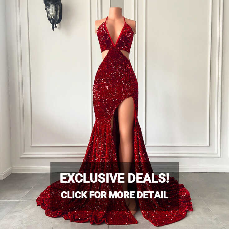 Long Sexy Prom Dresses 2023 Mermaid High Slit Halter Sparkly Red ...