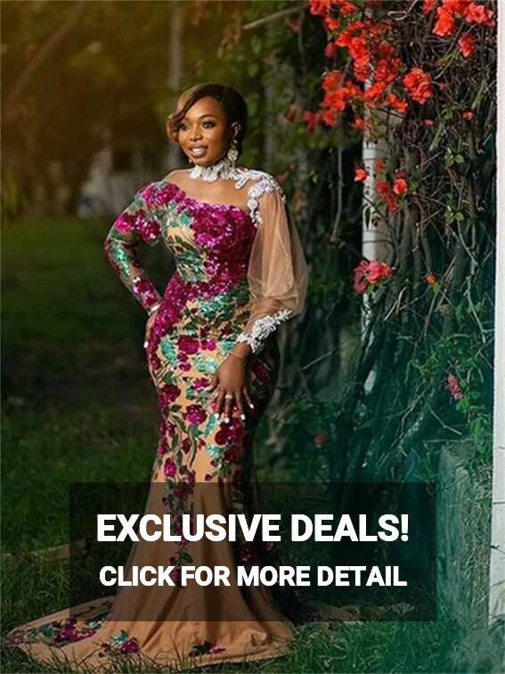 Long Sleeve African Aso Ebi Embroidered Evening Gown For Black ...