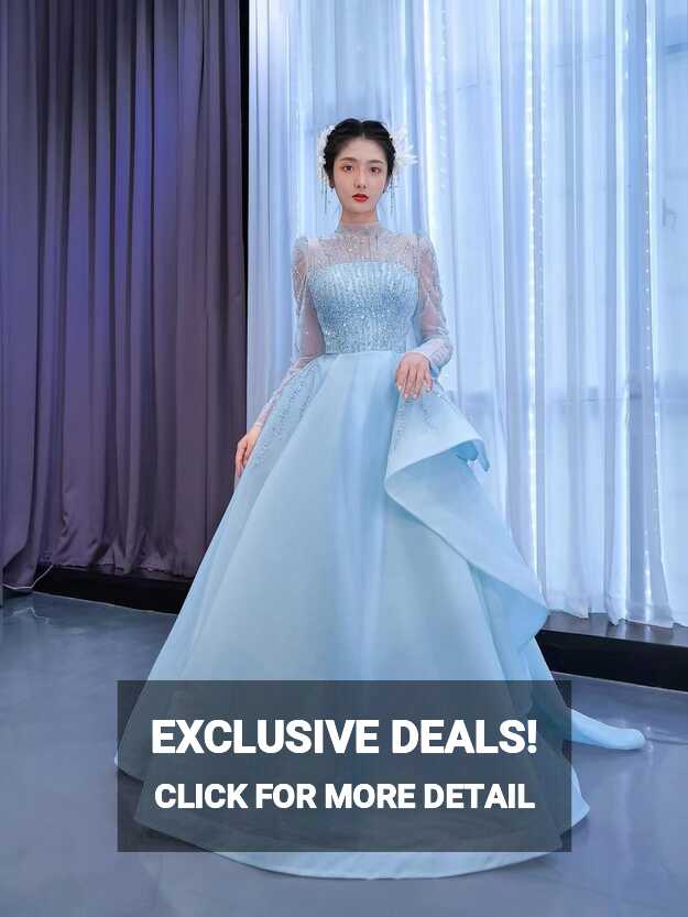 Long Sleeve Baby Blue Ball Gown High Neck Beaded Prom Dress 67392 ...