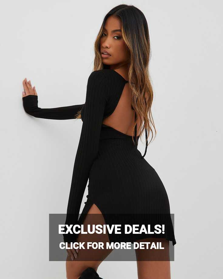 Long Sleeve Backless Thong Detail Mini Bodycon Dress In Black | EGO