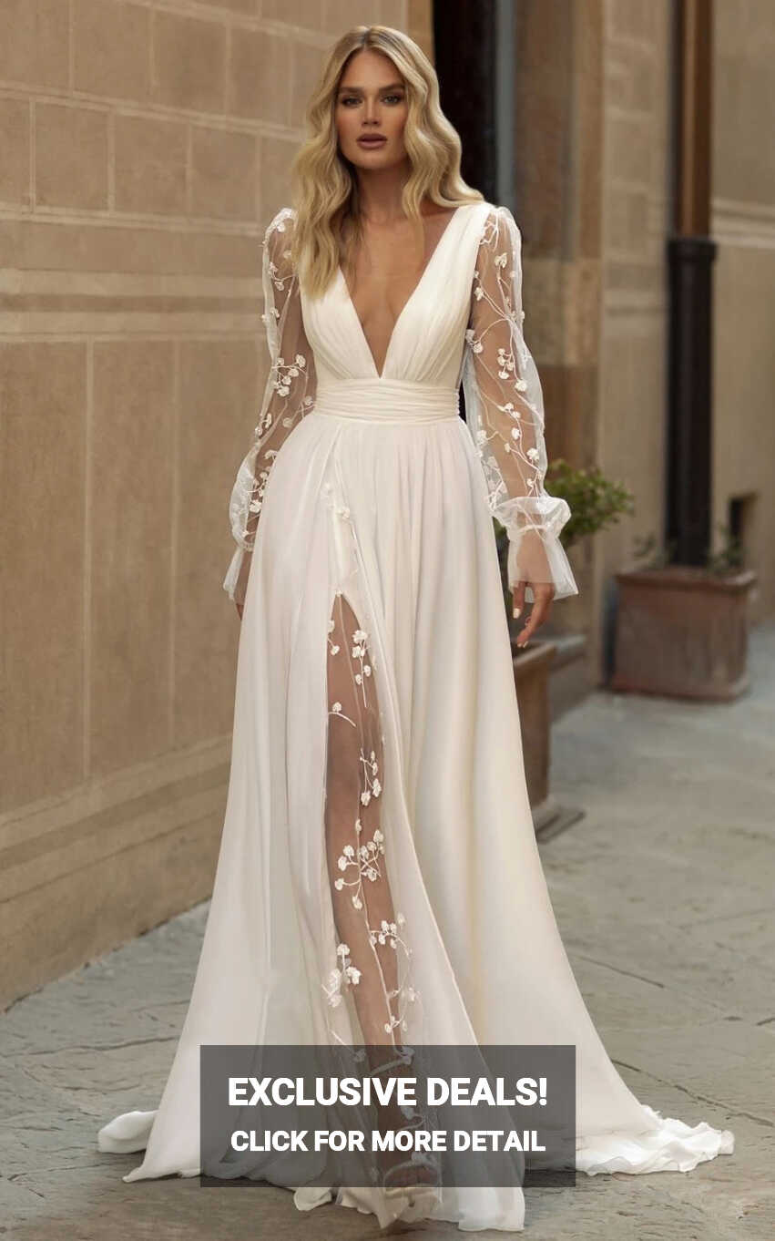 Long Sleeve Boho Flowy Wedding Dress Lace A-Line V-Neck Beach Gown ...