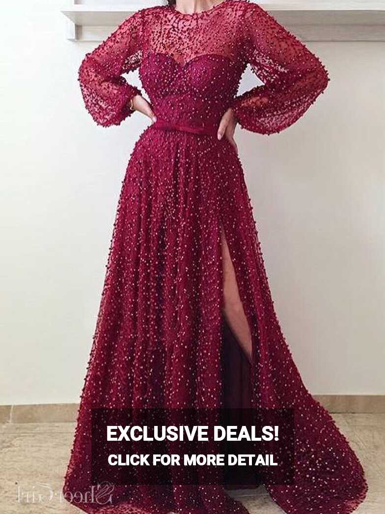 Long Sleeve Burgundy Prom Dresses with Slit Sparkly Formal Dress ...