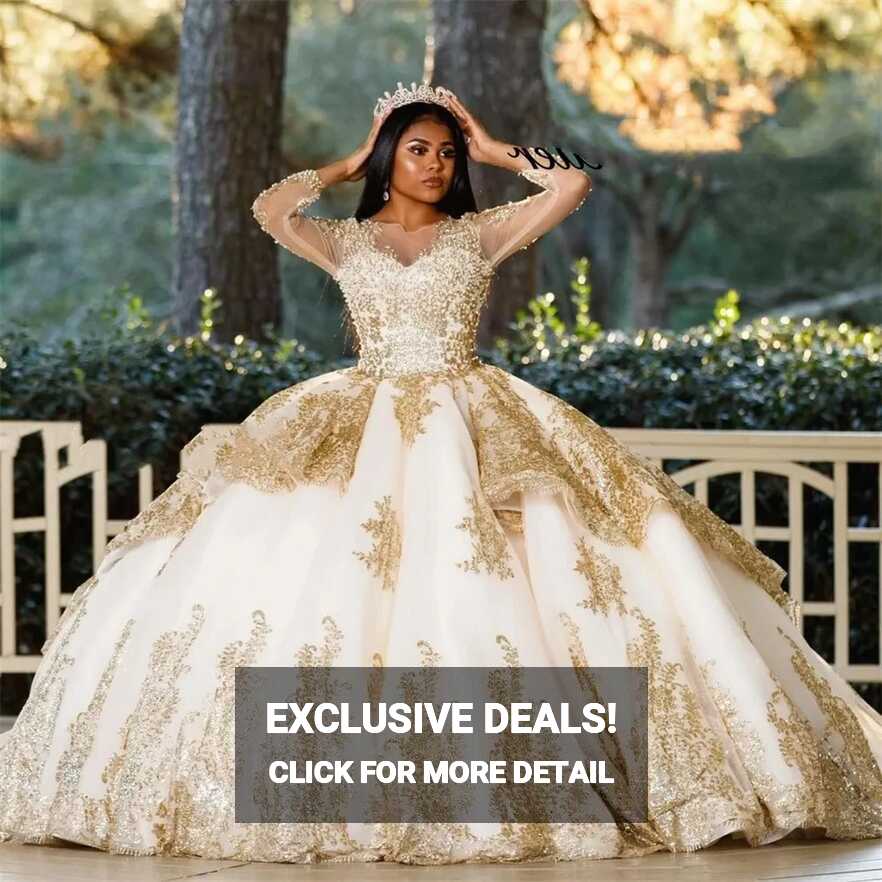 Long Sleeve Champagne Gold Ball Gown For Winter Wonderland ...