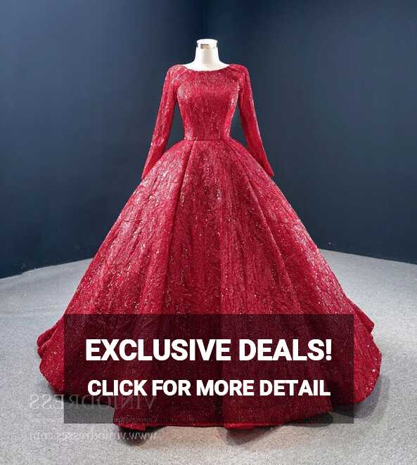 Long Sleeve Dark Red Ball Gown Prom Dresses Sparkly Quinceanera ...