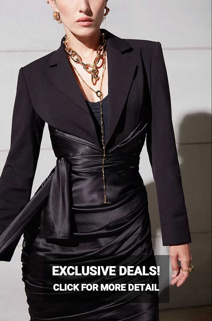 Long Sleeve Draped Silk Blazer Dress Black - Luxe Blazer Dresses ...