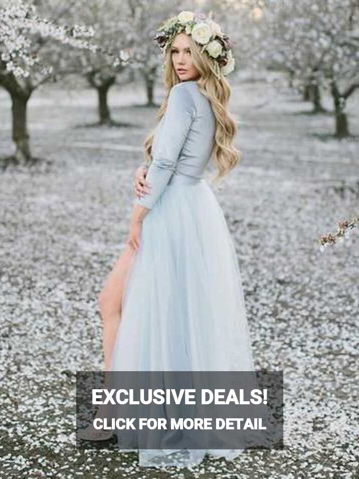 Long Sleeve Dusty Blue Wedding Dresses With Slit V Neck Velvet ...