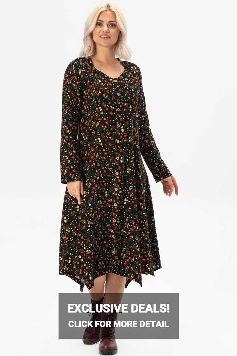 Long Sleeve Flannel Selvi Dress Floral Pattern Black | silemoda.com