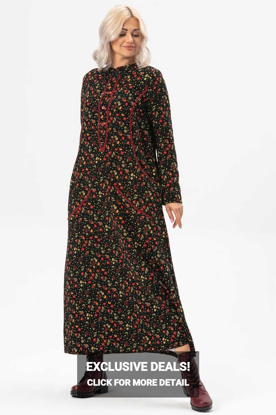 Long Sleeve Flannel Sudenaz Long Dress Floral Pattern Black ...