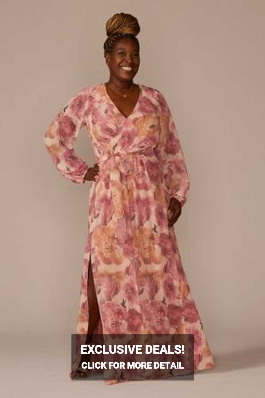 Long Sleeve Floral Chiffon Maxi Dress with Slit | David&#39;s Bridal