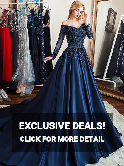 Long Sleeve Floral Lace Appliques Satin Beaded Ball Gown Formal ...