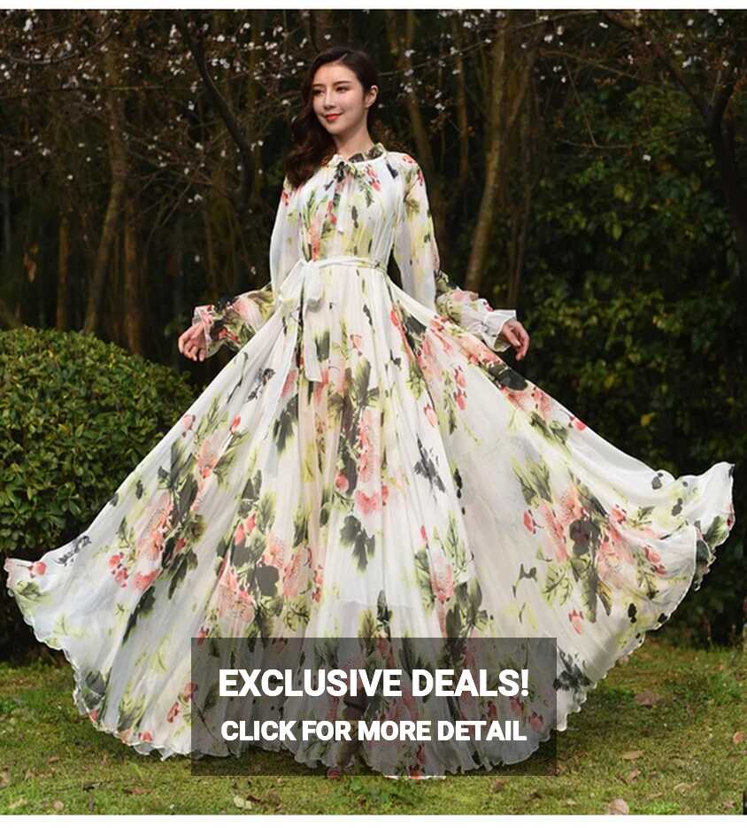 Long Sleeve Floral Print Plus Size Bohemia Beach Maxi Dress Summer ...