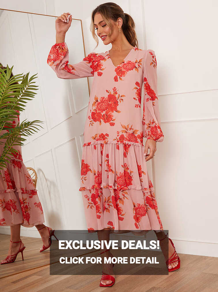 Long Sleeve Floral Printed Midi Dress in Pink – Chi Chi London