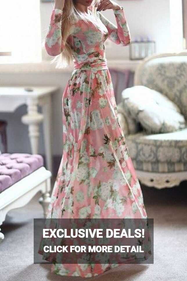 Long Sleeve Full Floral Maxi Dress AZURE PURPLE PINK