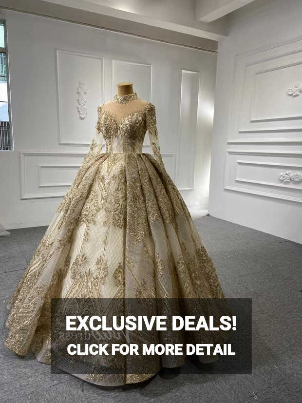 Long Sleeve Gold Ball Gown High Neck Princess Wedding Dress 67189 ...