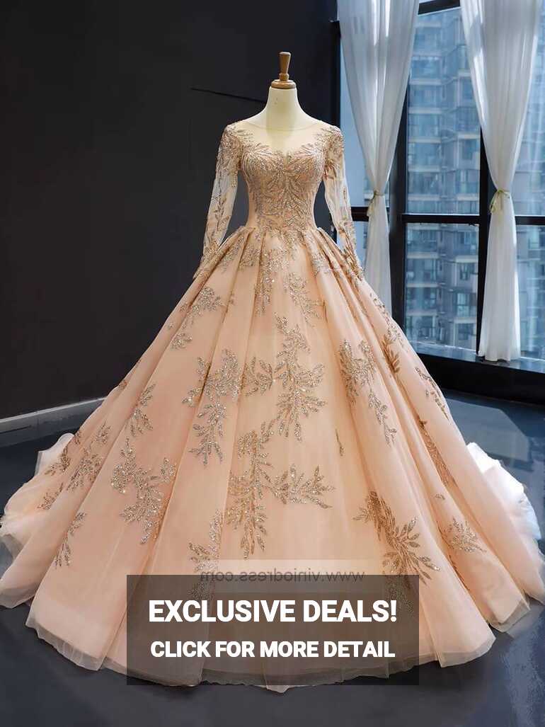 Long Sleeve Gold Ball Gown Prom Dresses Sparkly Lace Princess ...