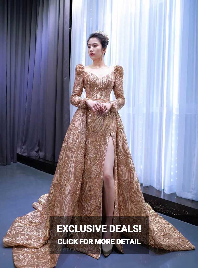 Long Sleeve Gold Prom Dress Luxury Sequin Ball Gown 67208 ...