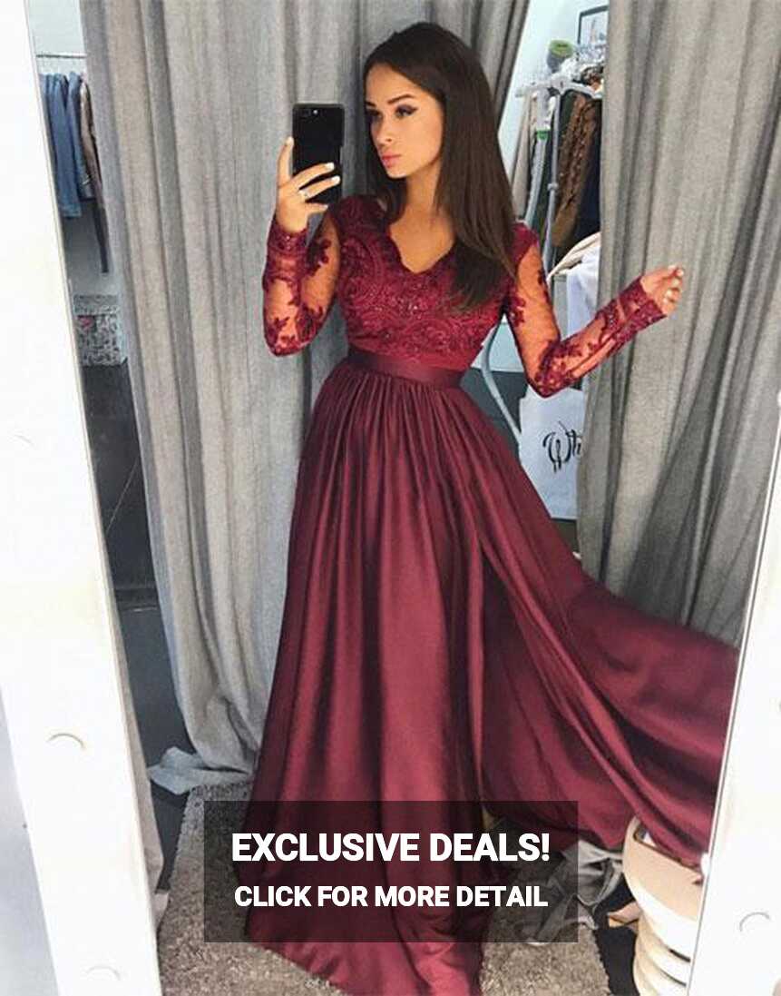 Long Sleeve Lace Dark Red Side Slit A Line Long Evening Prom ...