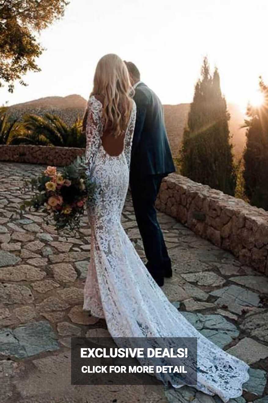 Long Sleeve Lace V Neck Backless Mermaid Boho Wedding Dresses ...