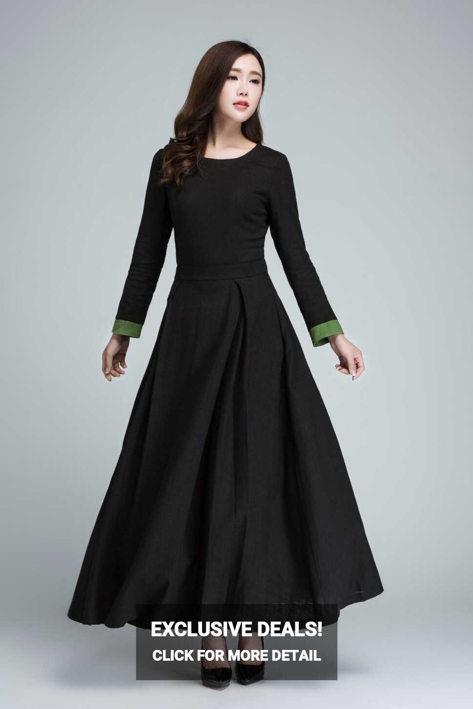 Long Sleeve Maxi Dress in Black, Linen Dress, Women&#39;s Dress, Prom ...