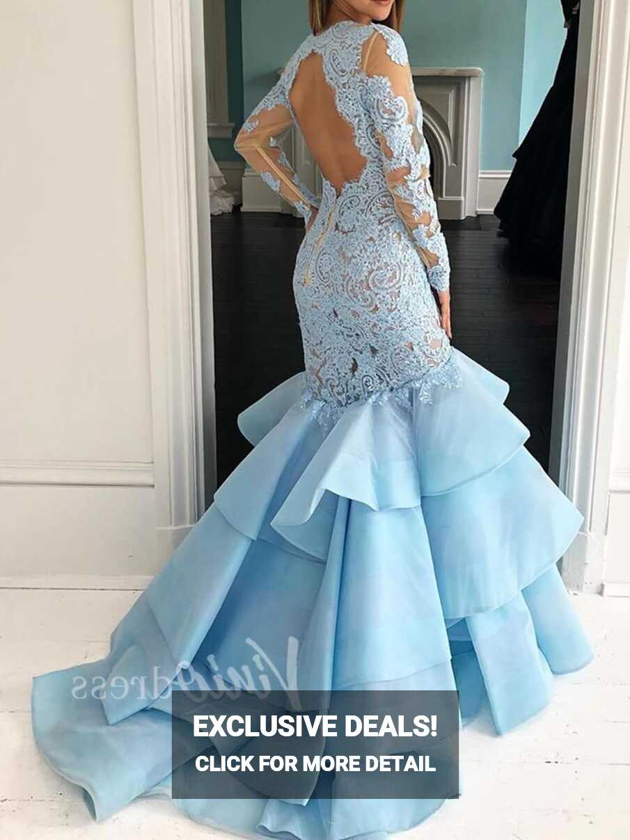 Long Sleeve Mermaid Prom Dresses Light Blue Lace Pageant Dress ...