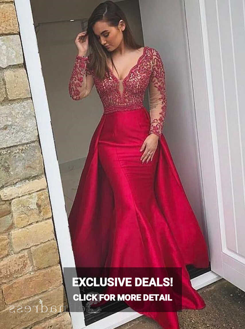 Long Sleeve Mermaid Prom Dresses Long Red Lace Gorgeous Formal ...