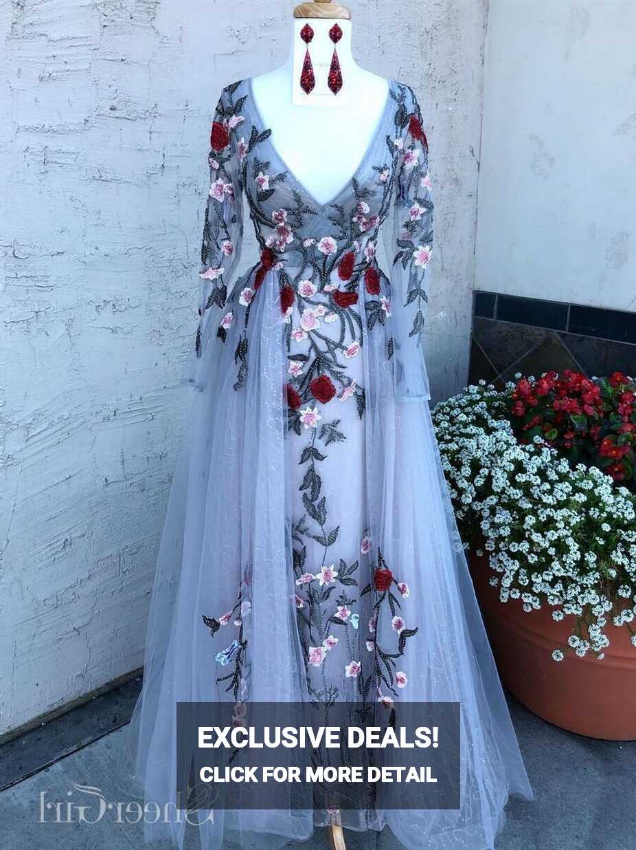 Long Sleeve Modest Floral Prom Dresses Embroidered Long Formal ...