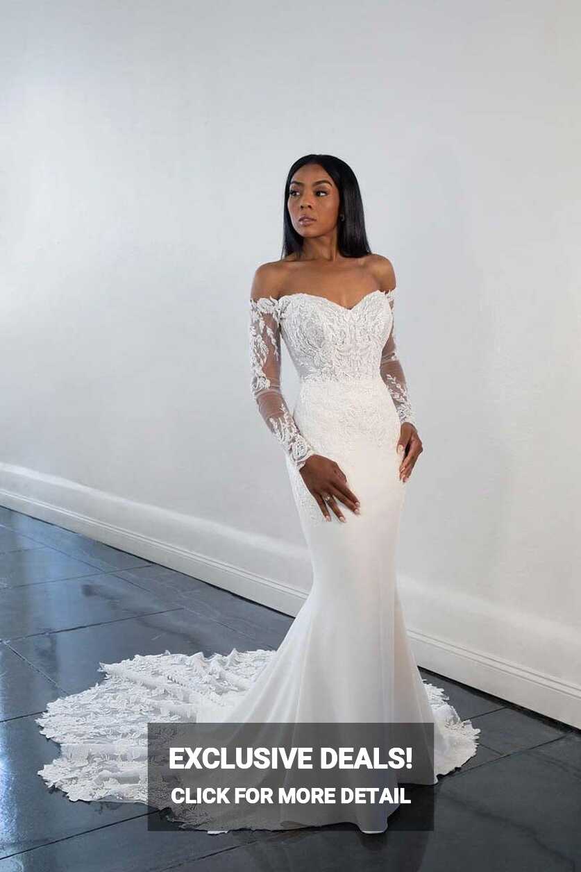 Long Sleeve Off The Shoulder Sheath Wedding Dress With Lace Bodice ...