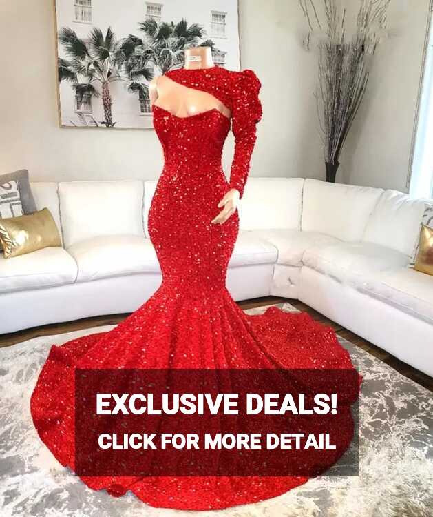 Long Sleeve Red Mermaid Prom Dress | Burgundy Mermaid Sequin Prom ...