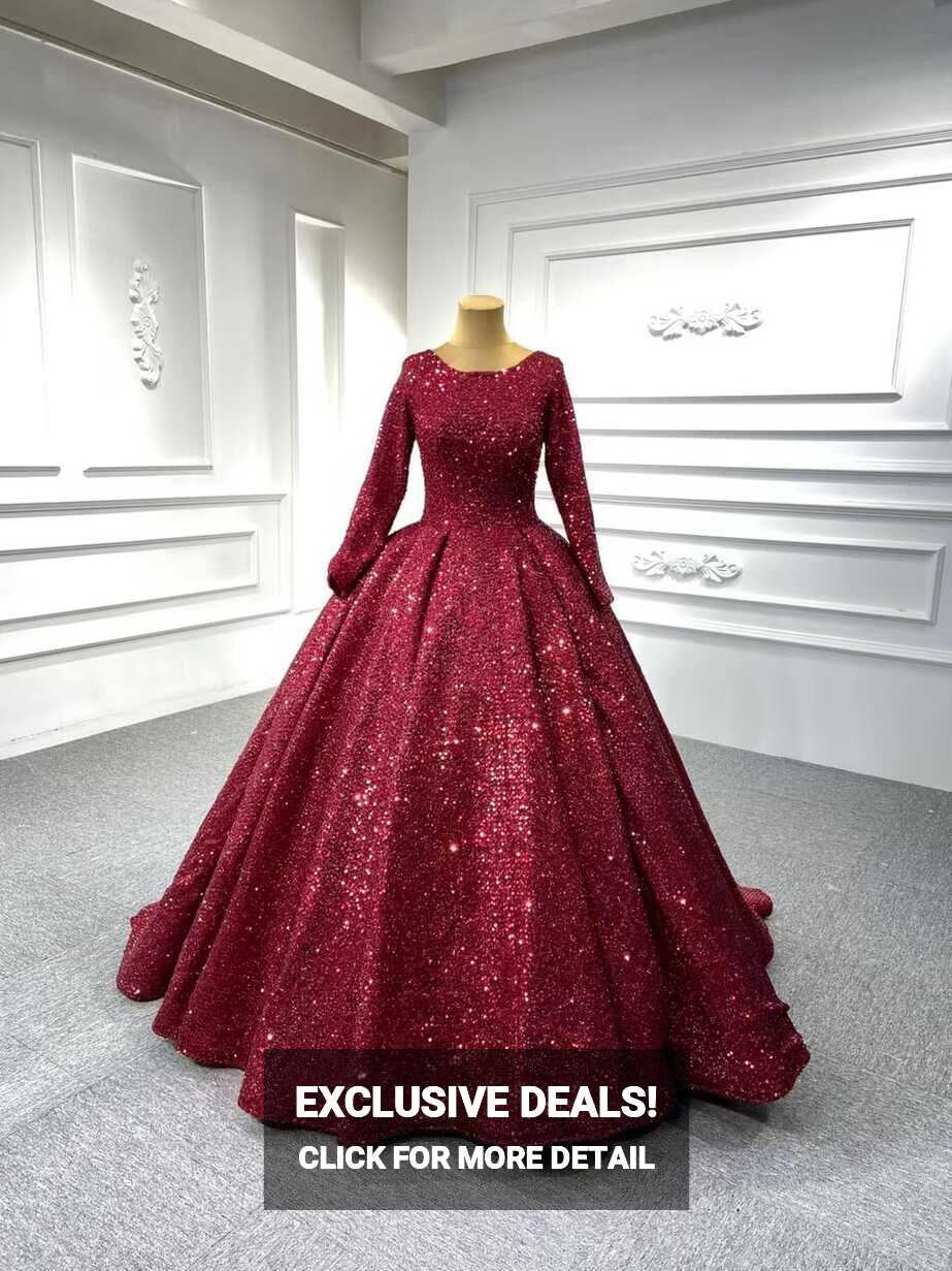 Long Sleeve Red Sequin Ball Gown Glamour Prom Dresses 67121B ...